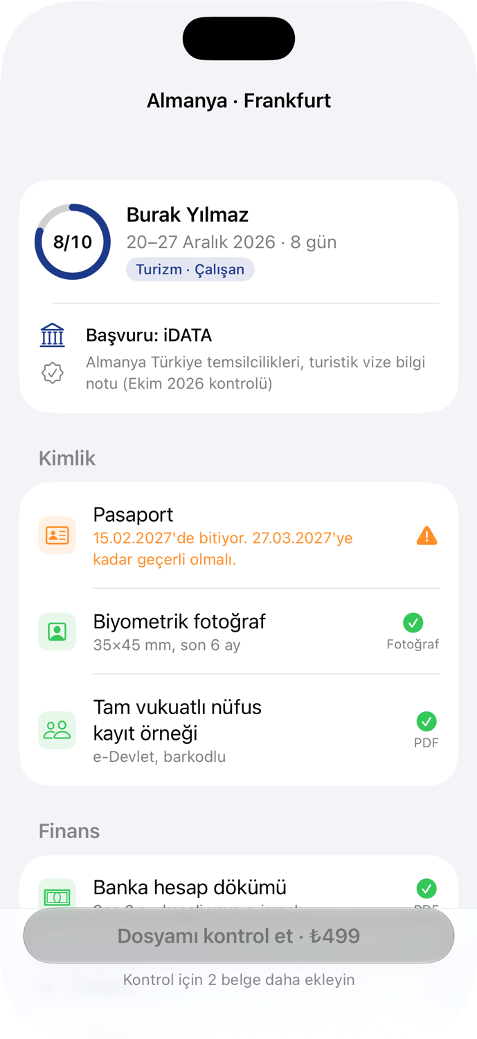 Dosyam Tamam'da Almanya belge listesi: pasaportun geçerlilik süresi uyarısı ve tamamlanan belgeler