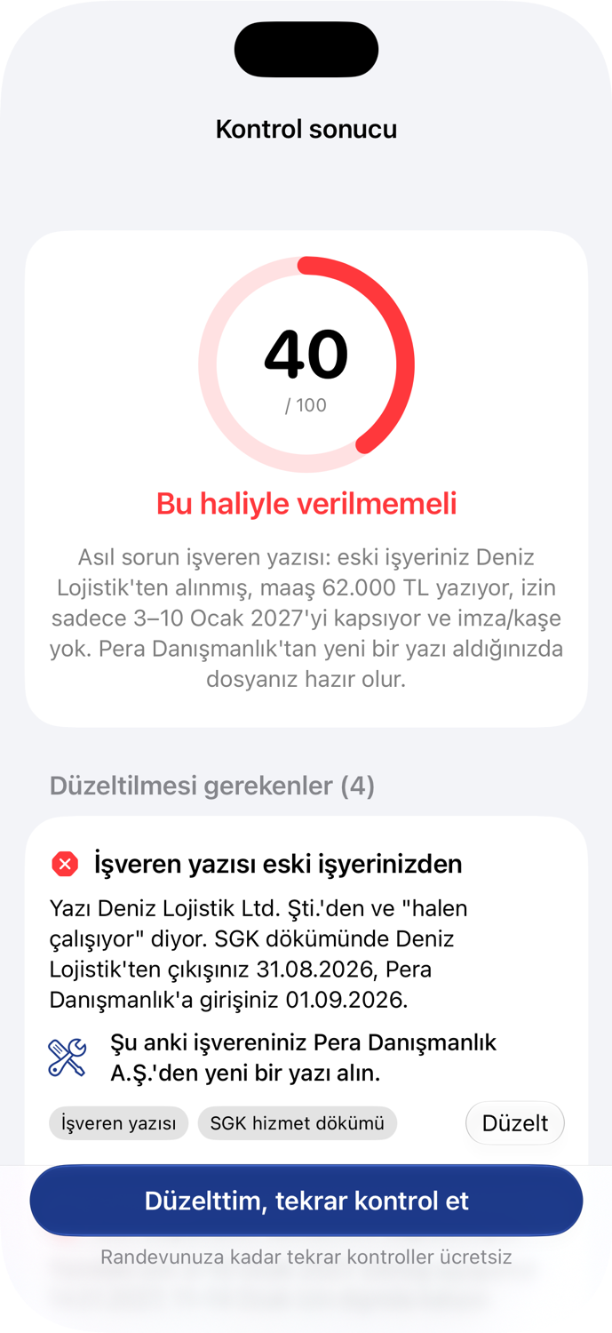 Kontrol sonucu: 100 üzerinden 40 puan ve düzeltilmesi gereken işveren yazısı